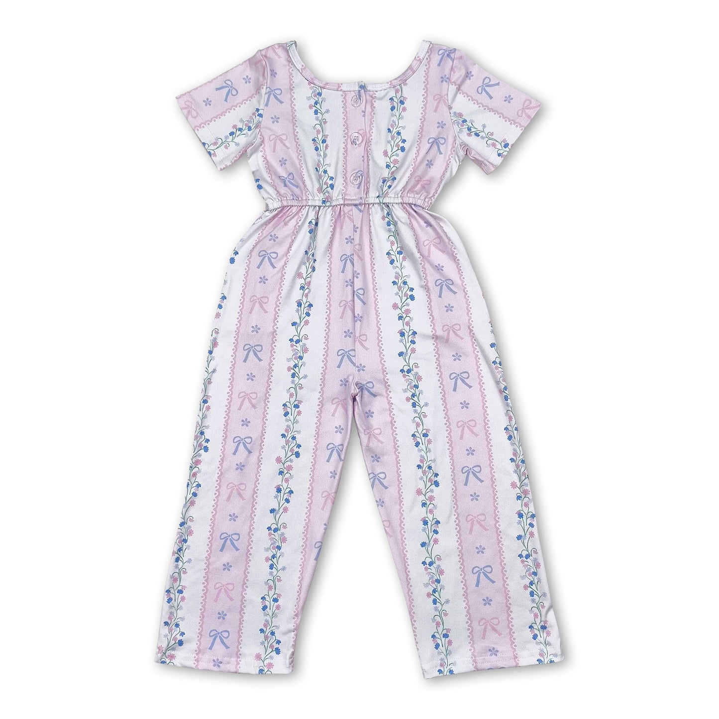 Kurzärmliger Mädchen-Jumpsuit mit pinker Schleife und Blumenmuster an den Taschen