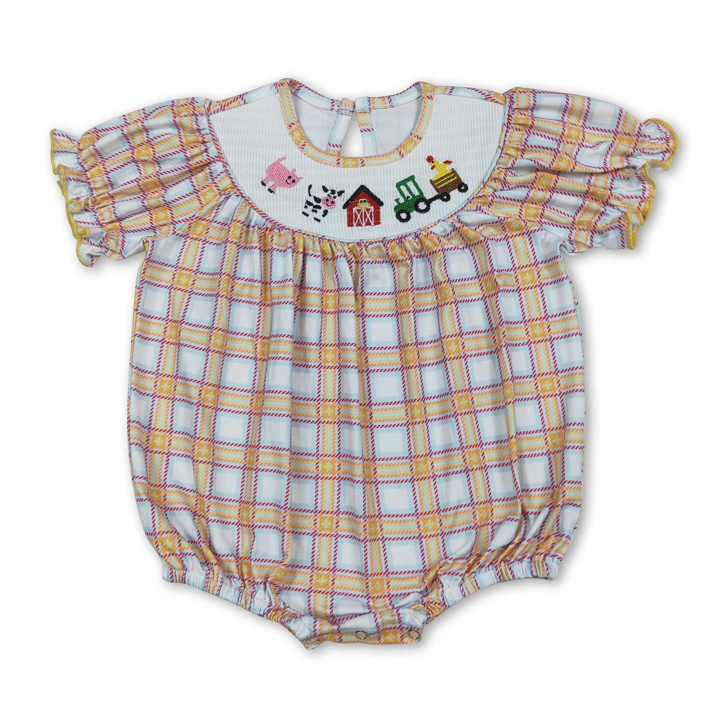 Kurzarm-Karo-Kuh-Traktor-Bauernhof-Baby-Mädchen-Strampler
