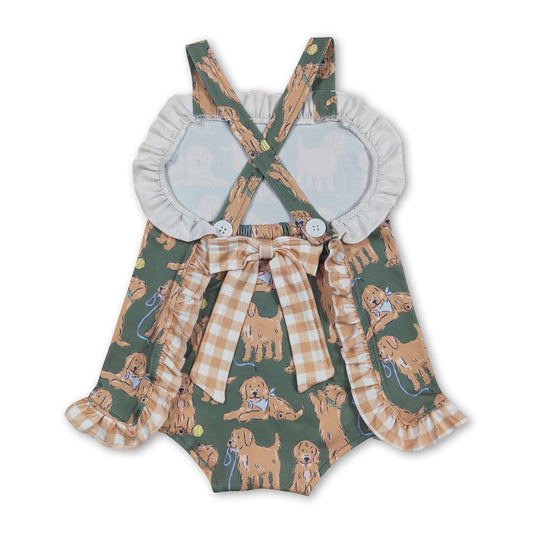Trägerloser Overall für Baby-Mädchen, Sommer, kariert, Rüschen, Khaki, Hunde-Muster