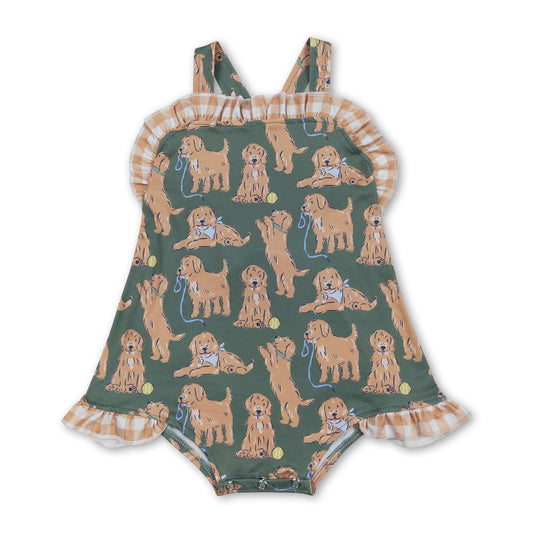 Trägerloser Overall für Baby-Mädchen, Sommer, kariert, Rüschen, Khaki, Hunde-Muster
