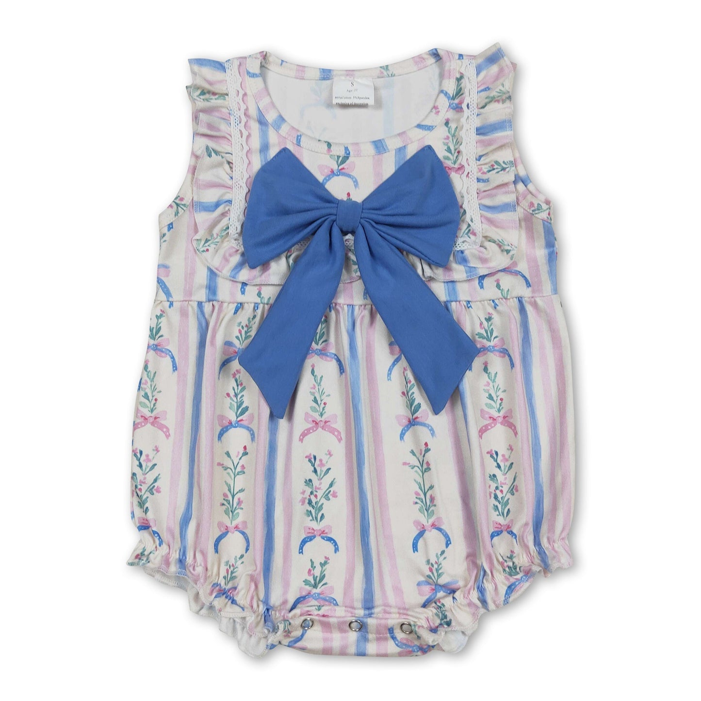 Blauer Schleife Streifen Blumen Rüschen Baby-Mädchen Sommer Strampler