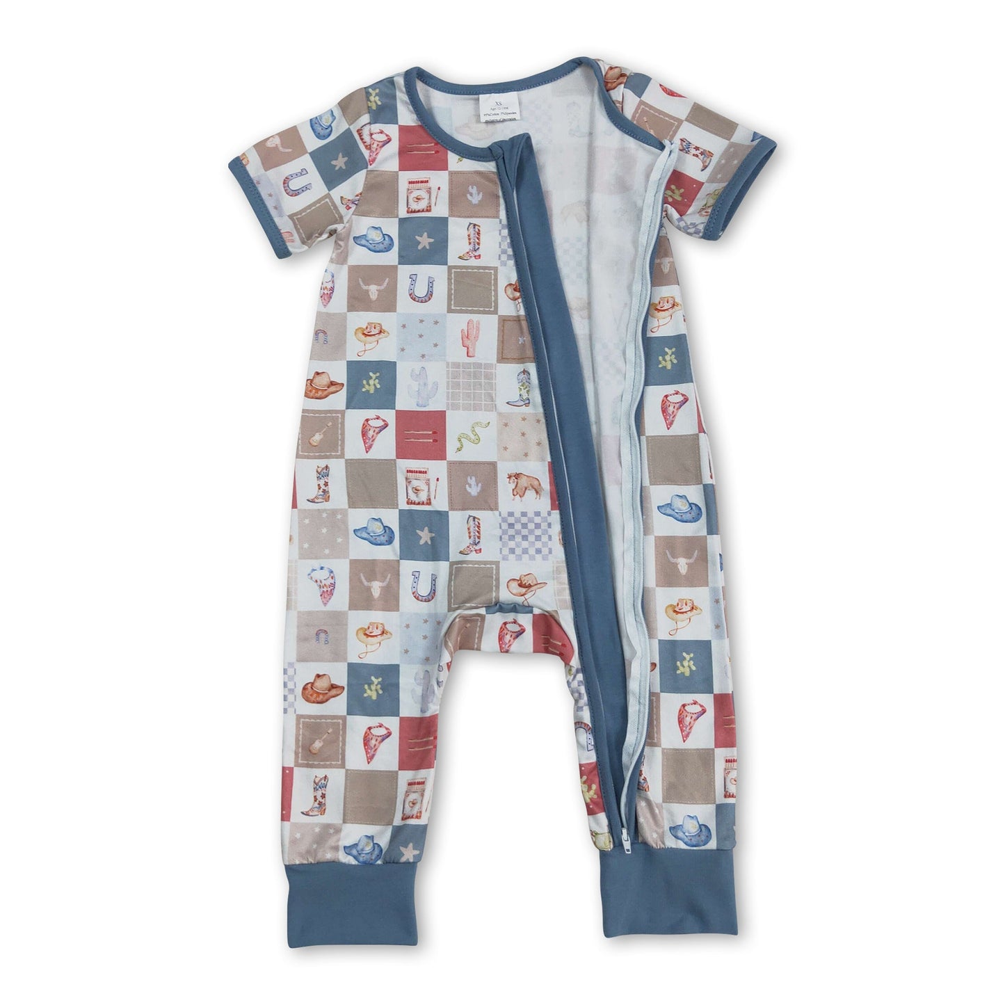 Kurzarm-Karo-Kaktus-Stierschädel-Jungen-Reißverschluss-Strampler