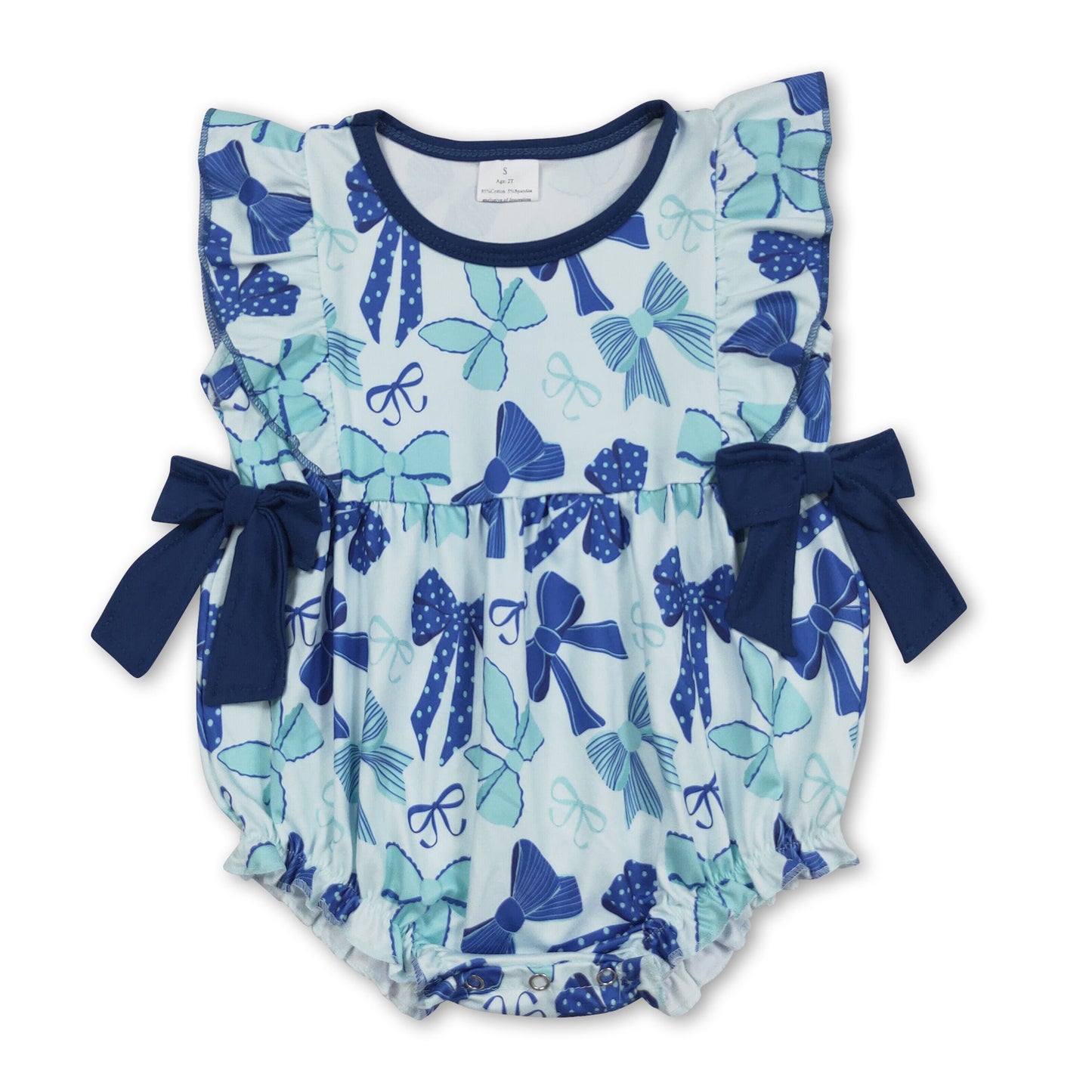 Strampler für Baby-Mädchen mit Puffärmeln, blauer Schleife, Sommer