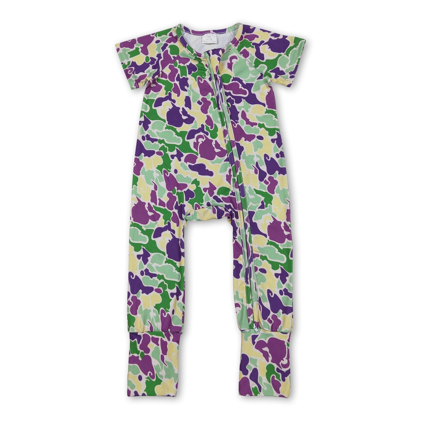 Lila gelb grüne Camouflage Baby Mardi Gras Reißverschluss-Strampler