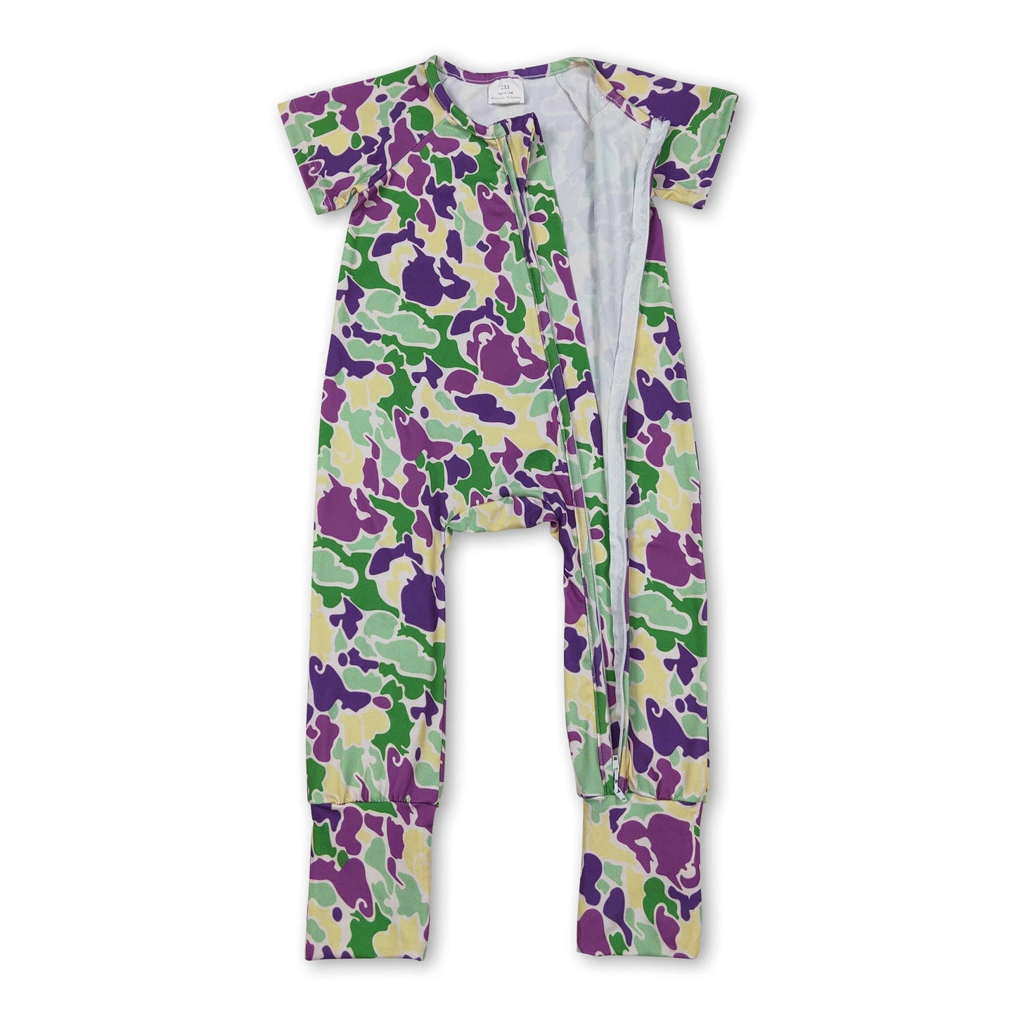 Lila gelb grüne Camouflage Baby Mardi Gras Reißverschluss-Strampler