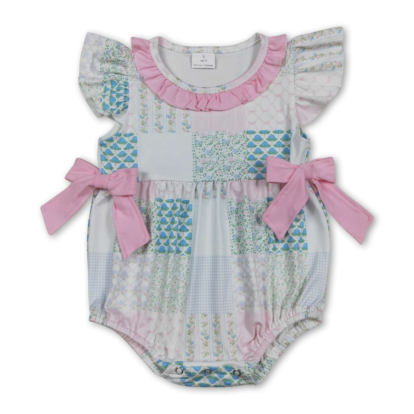 Strampler für Baby-Mädchen mit rosa Schleife, Blumenmuster und flatternden Ärmeln