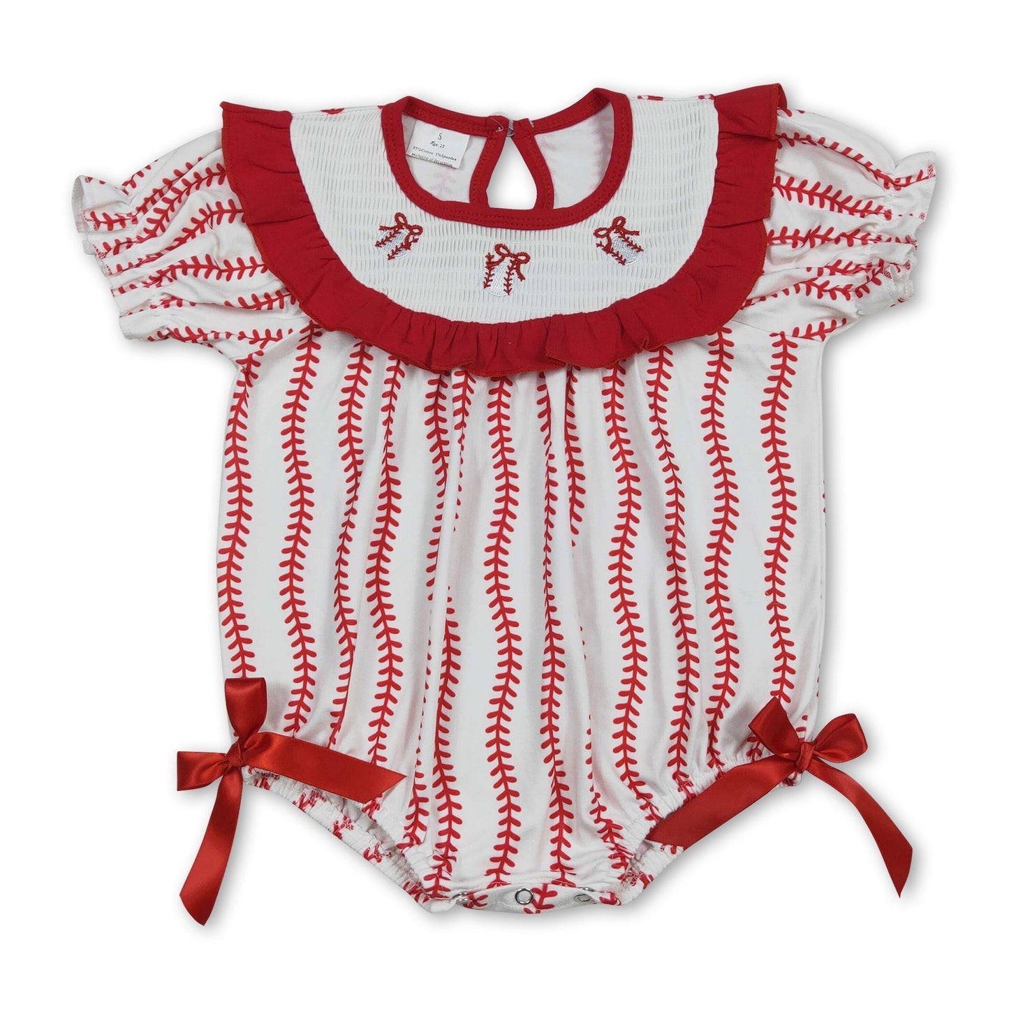 Kurzarm-Baseball-Strampler für Baby-Mädchen mit Schleife und Smock-Details