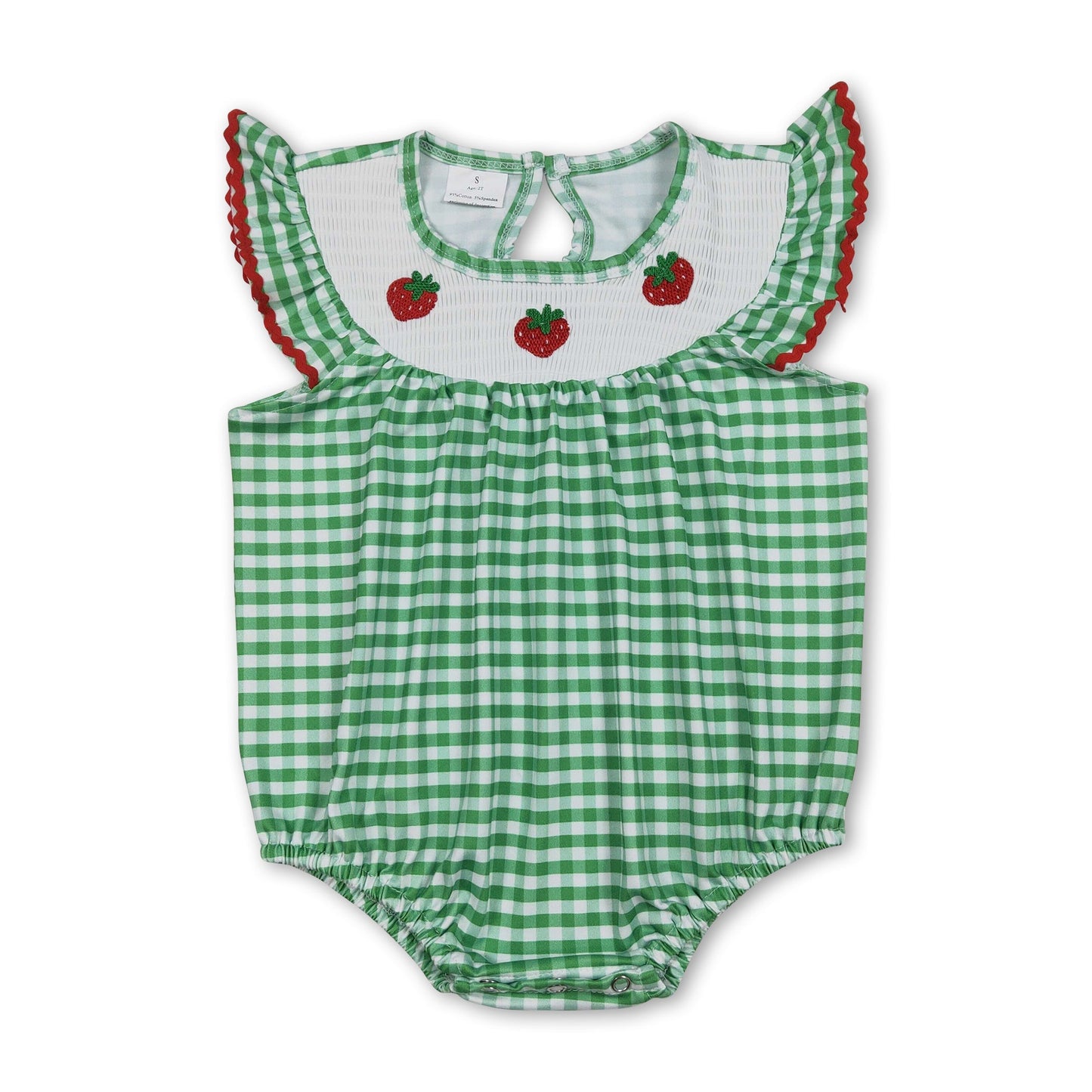 Romper für Baby-Mädchen mit grünen Karos, Erdbeermuster und Flügelärmeln