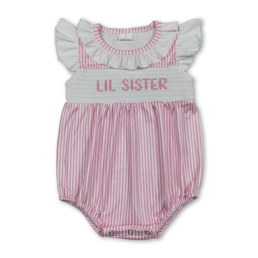 Flutter sleeves LIL SISTER smocked stripe baby romper