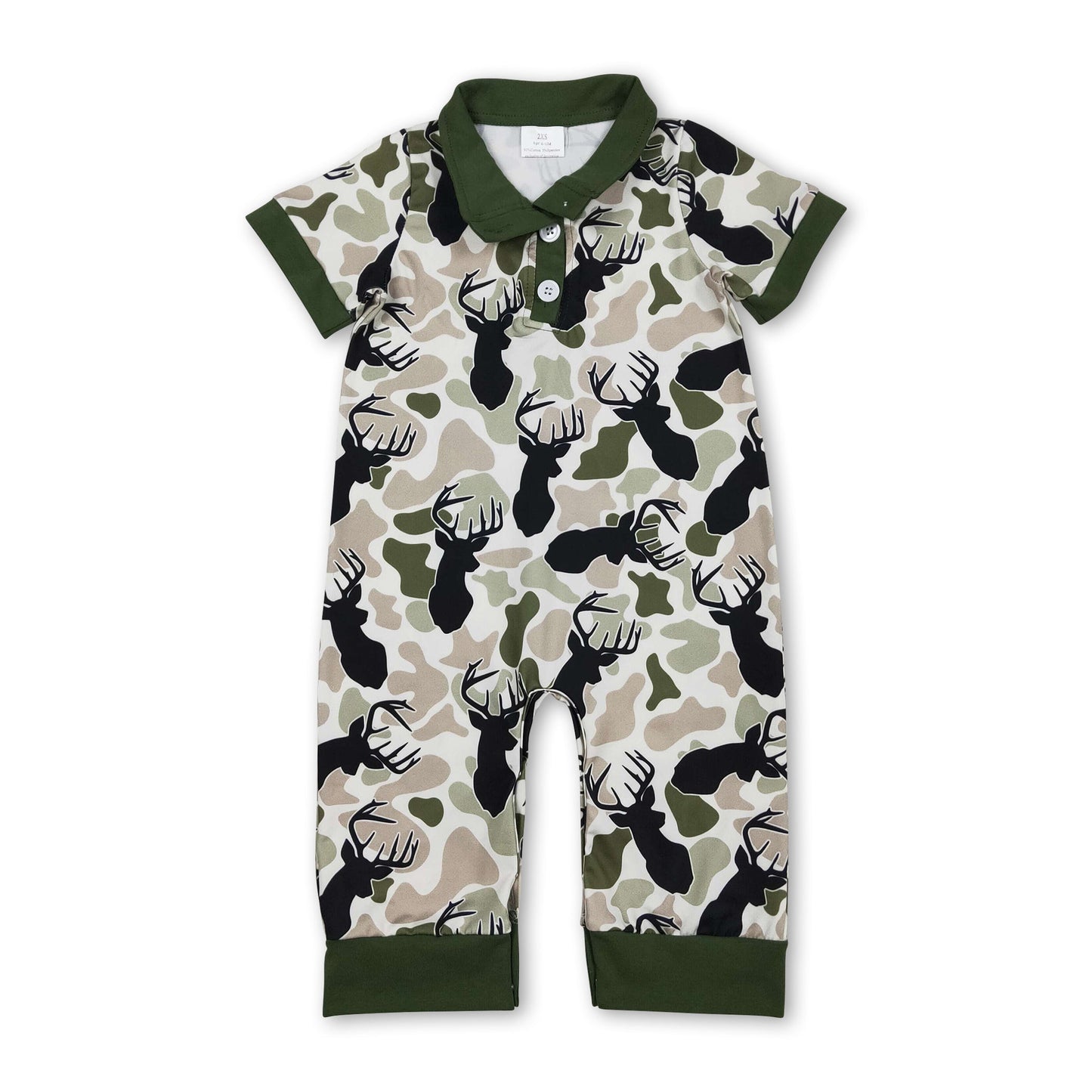 Kurzarm Baby Polo Strampler für Jungen, grün, Camo, Hirsch