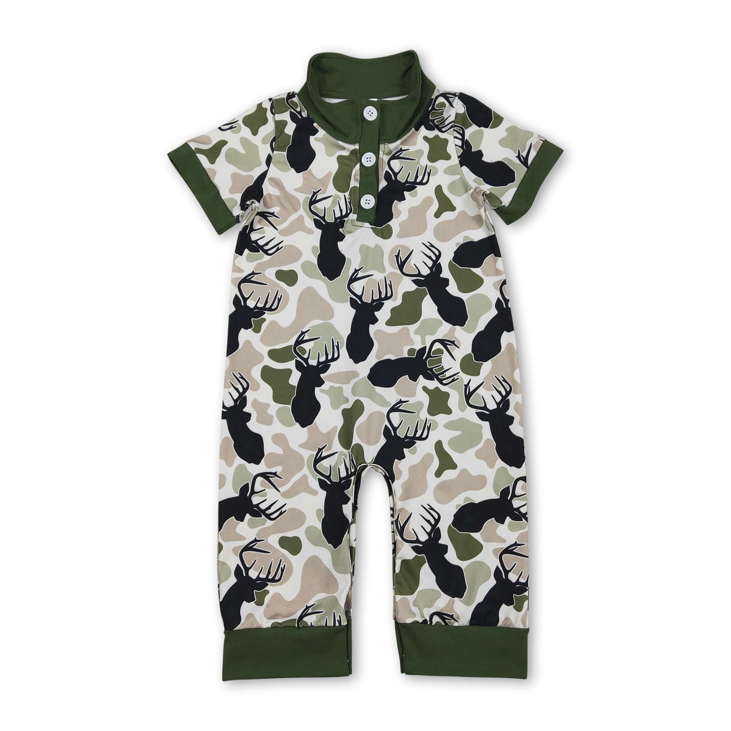Kurzarm Baby Polo Strampler für Jungen, grün, Camo, Hirsch