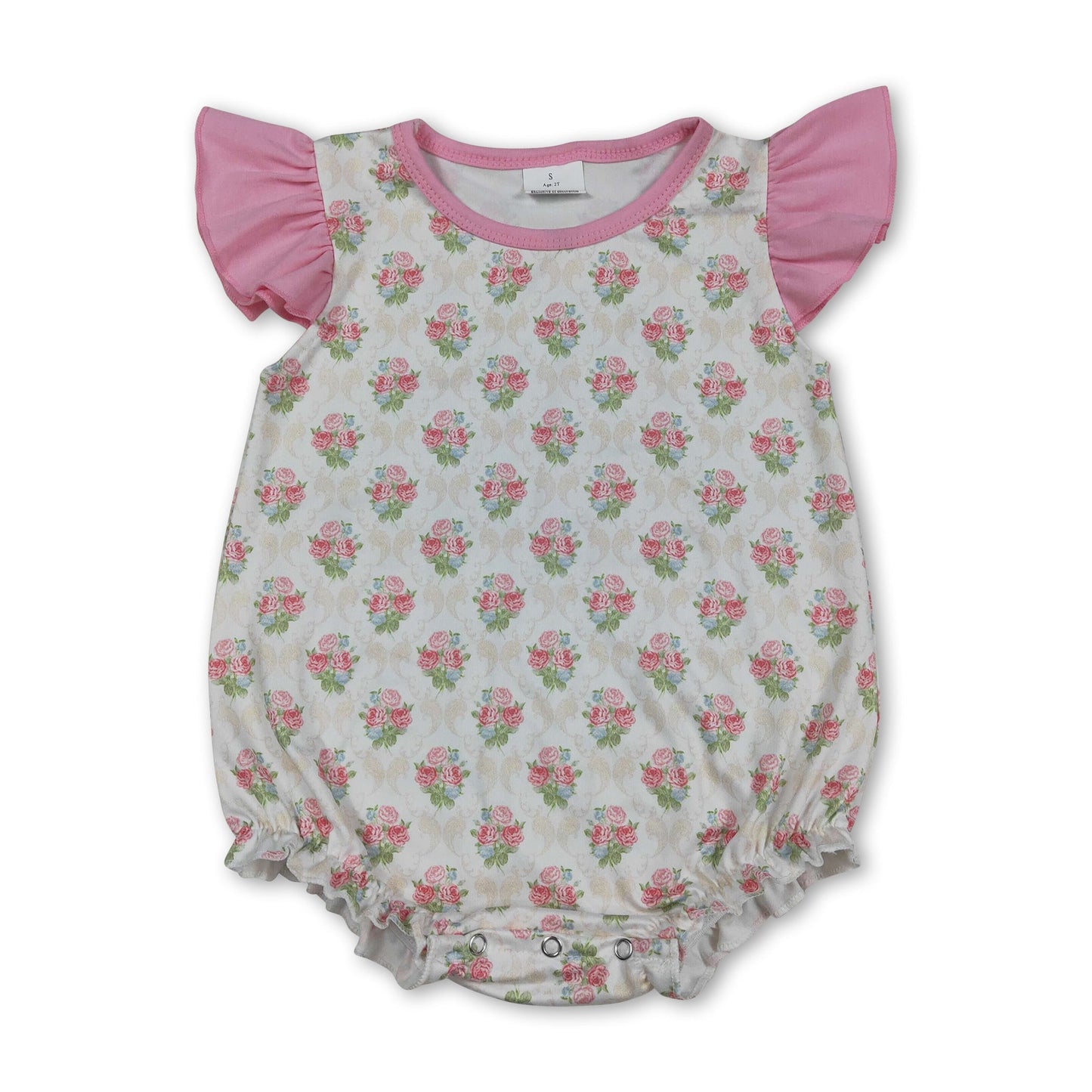 Rosa Strampler für Baby-Mädchen mit Blumendruck und Flügelausschnitt