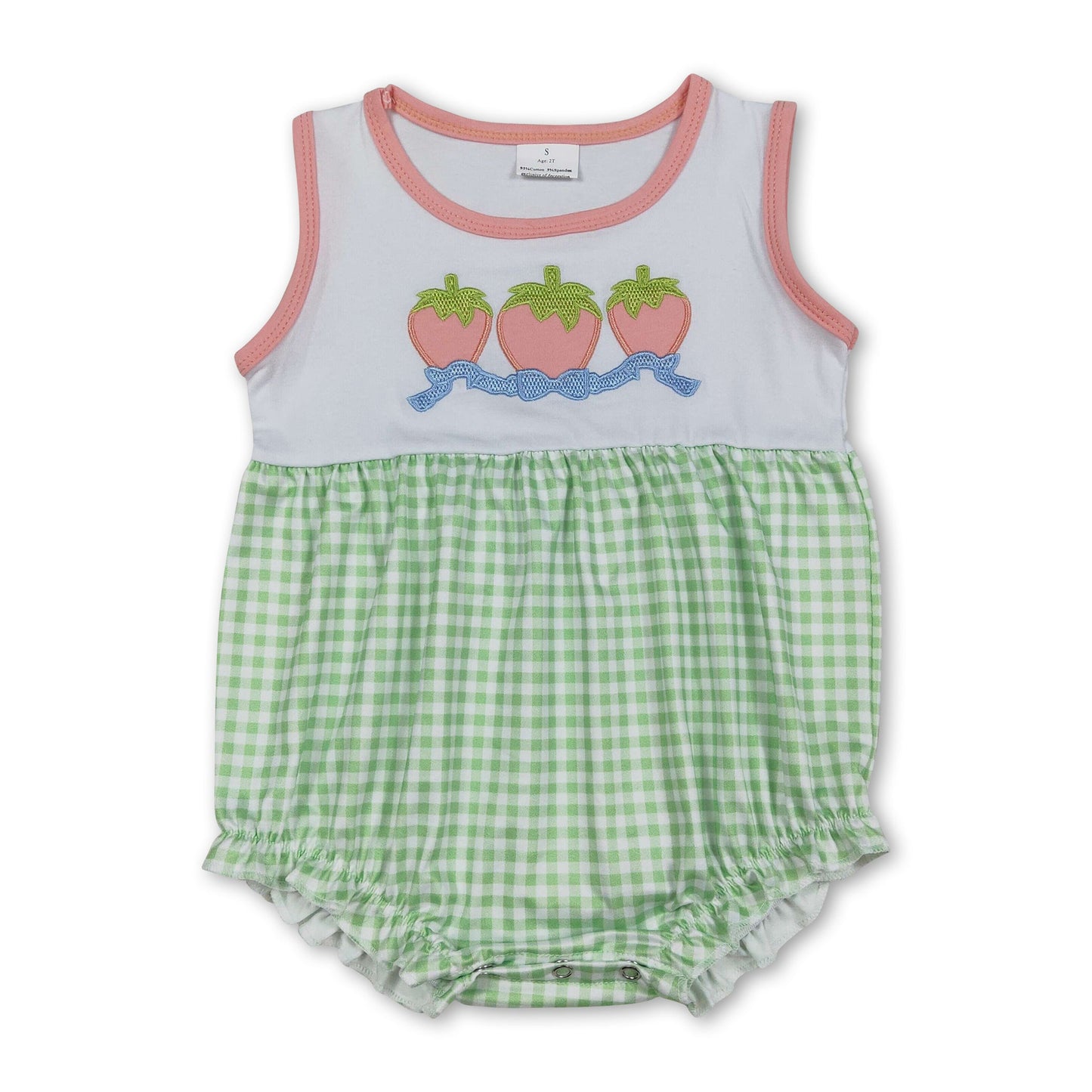 Ärmelloser Erdbeer-Schleifen-Karo-Strampler für Babymädchen