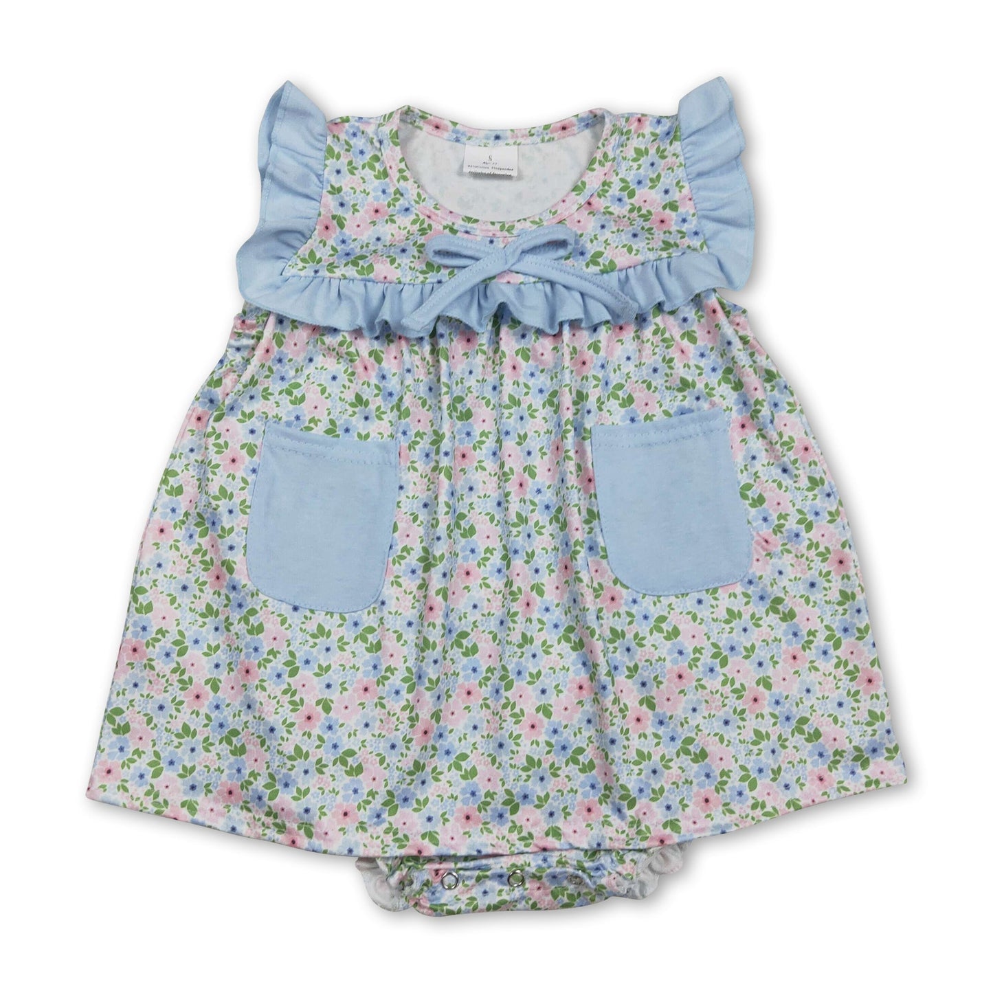 Hellblauer Strampler für Baby-Mädchen mit Rüschen, Blumenmuster und Taschen