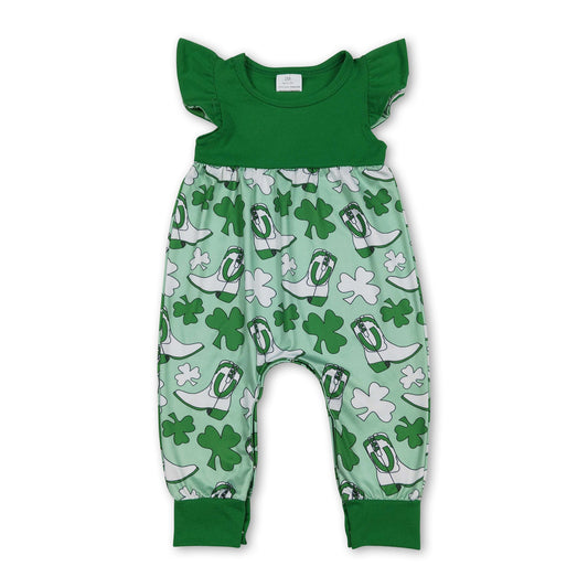 Grüner Strampler mit Flatterärmeln, Kleeblättern und Stiefeln für Babys zum St. Patrick's Day