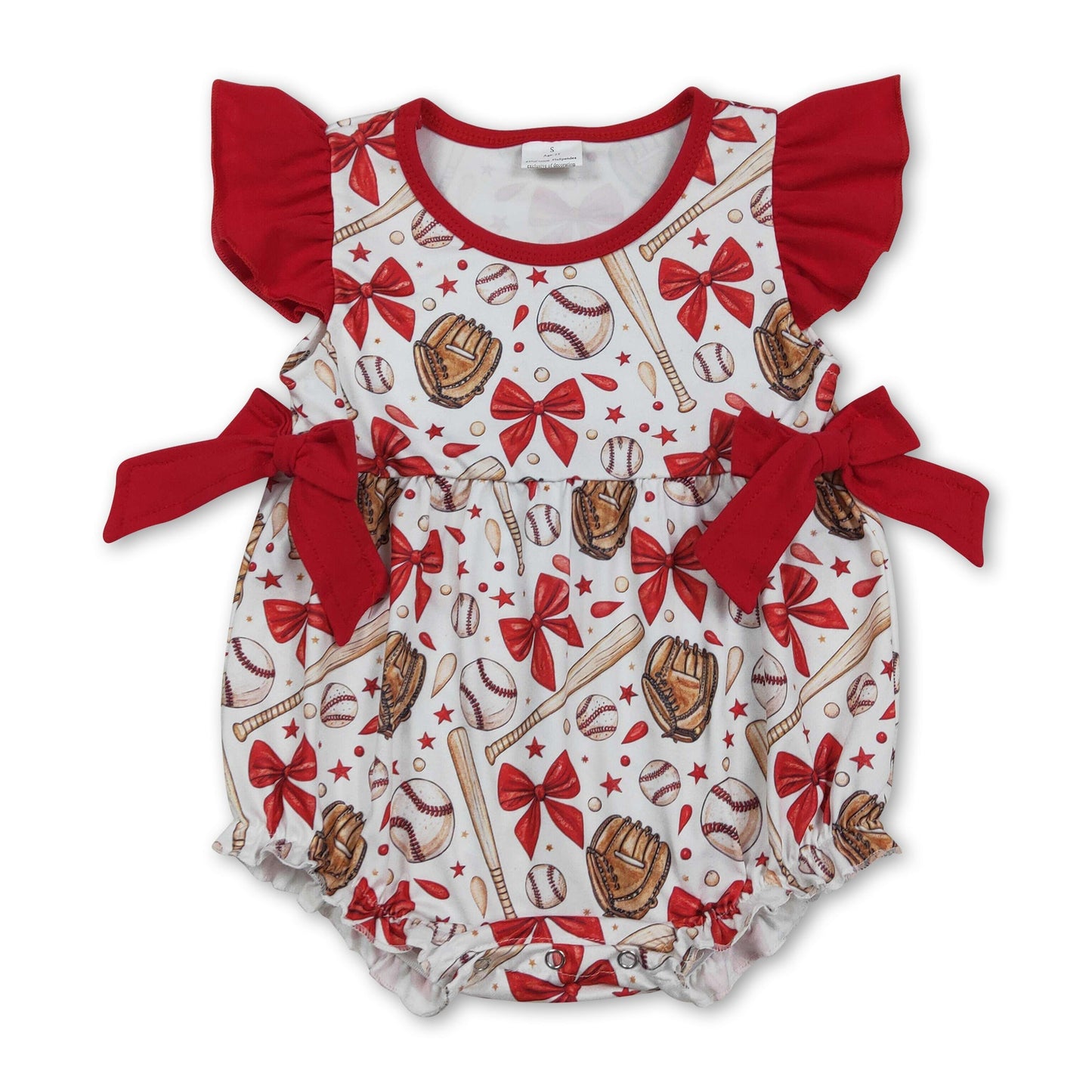 Strampler für Baby-Mädchen mit flatternden Ärmeln, roter Schleife und Baseball-Motiv