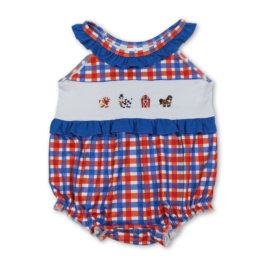 Blue ruffle farm embroidery plaid baby girl romper