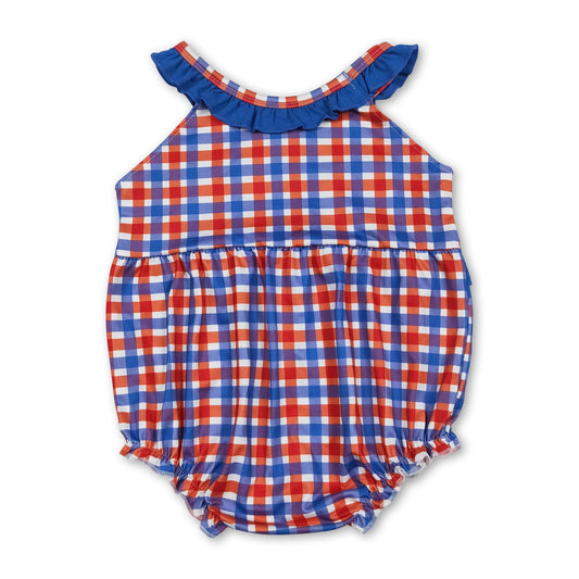 Blue ruffle farm embroidery plaid baby girl romper