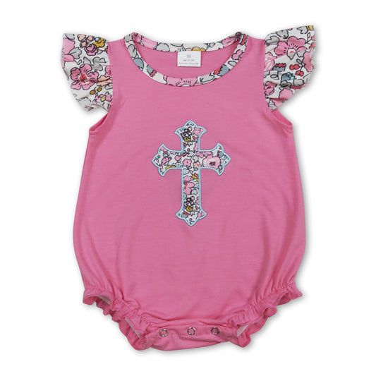 Flutter sleeves floral cross embroidery baby Easter romper
