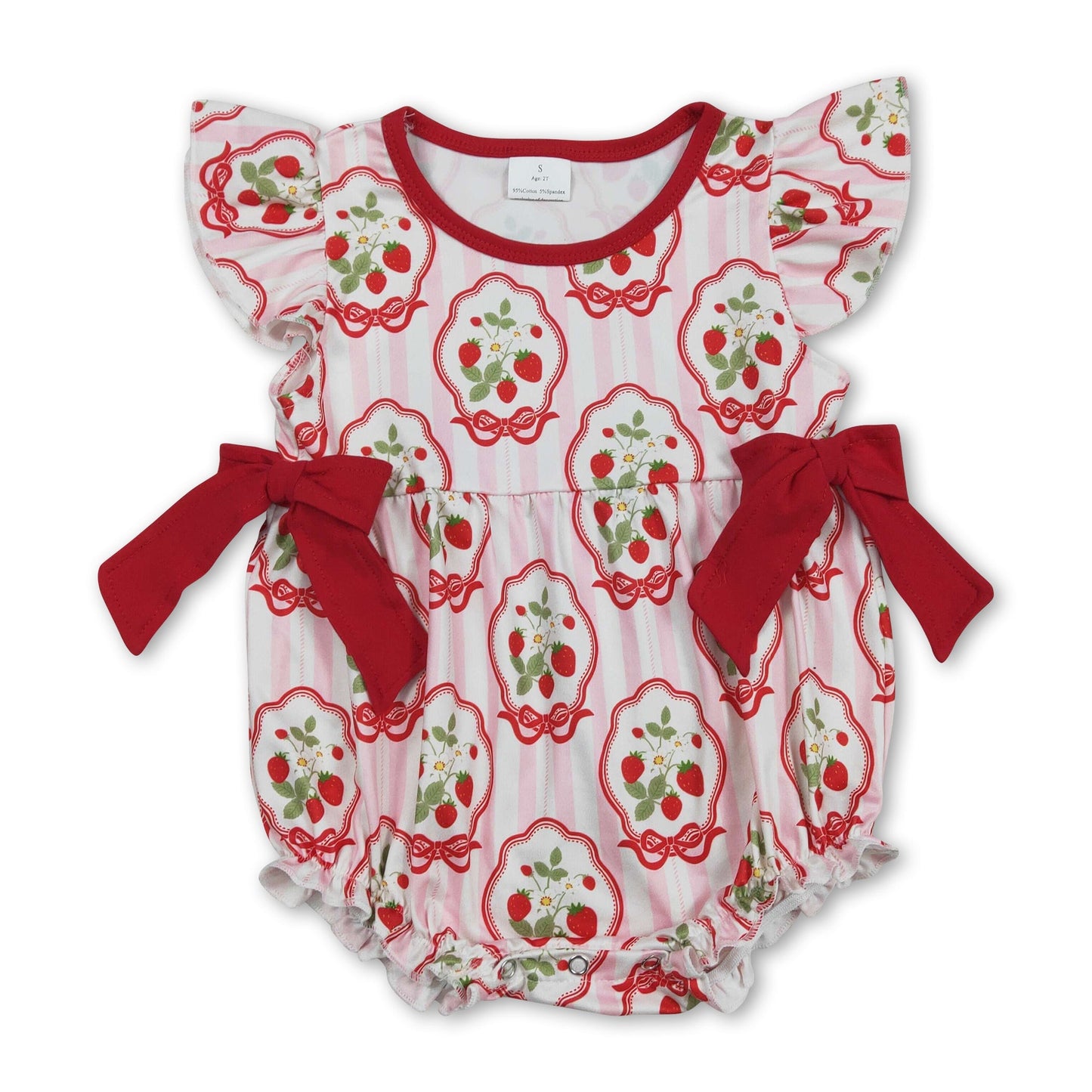 Strampler für Baby-Mädchen mit Erdbeeren, gestreift und mit Flügelärmeln