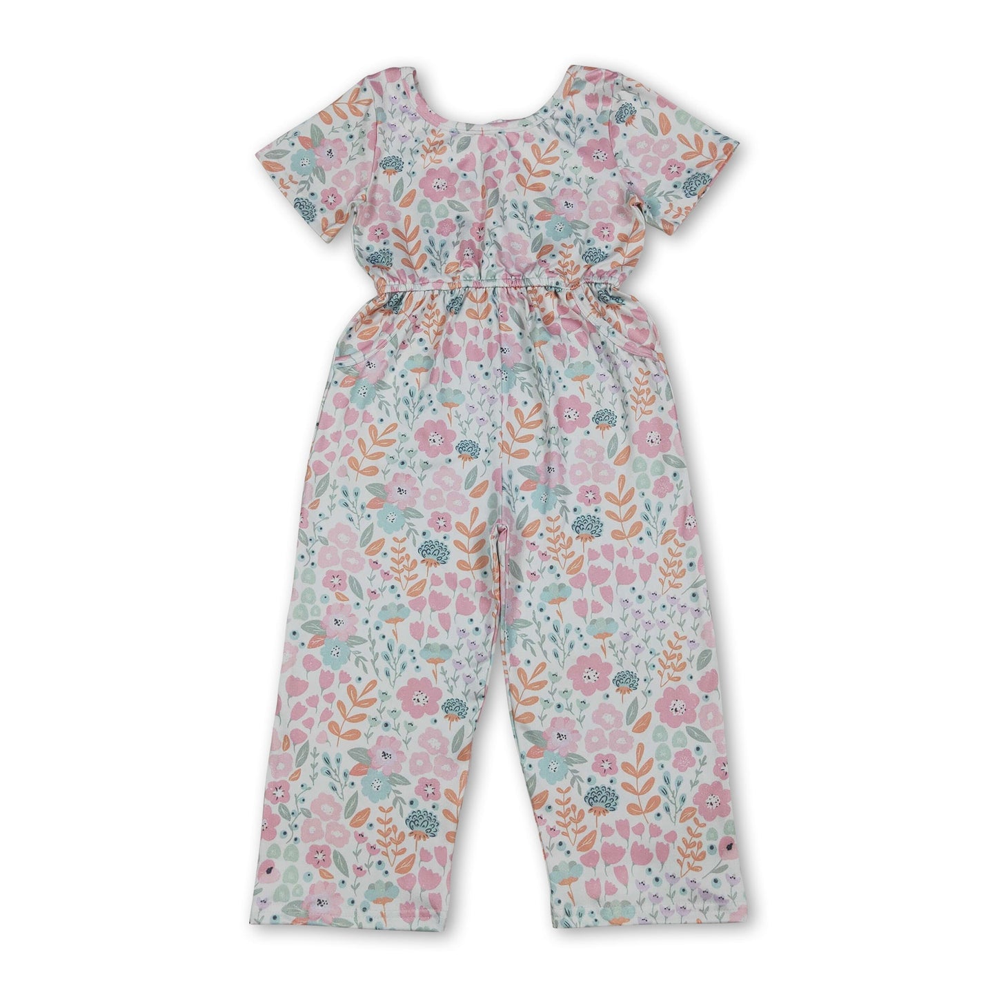 Kurzarm-Overall für Mädchen, pink, mit Blumenmuster und Taschen