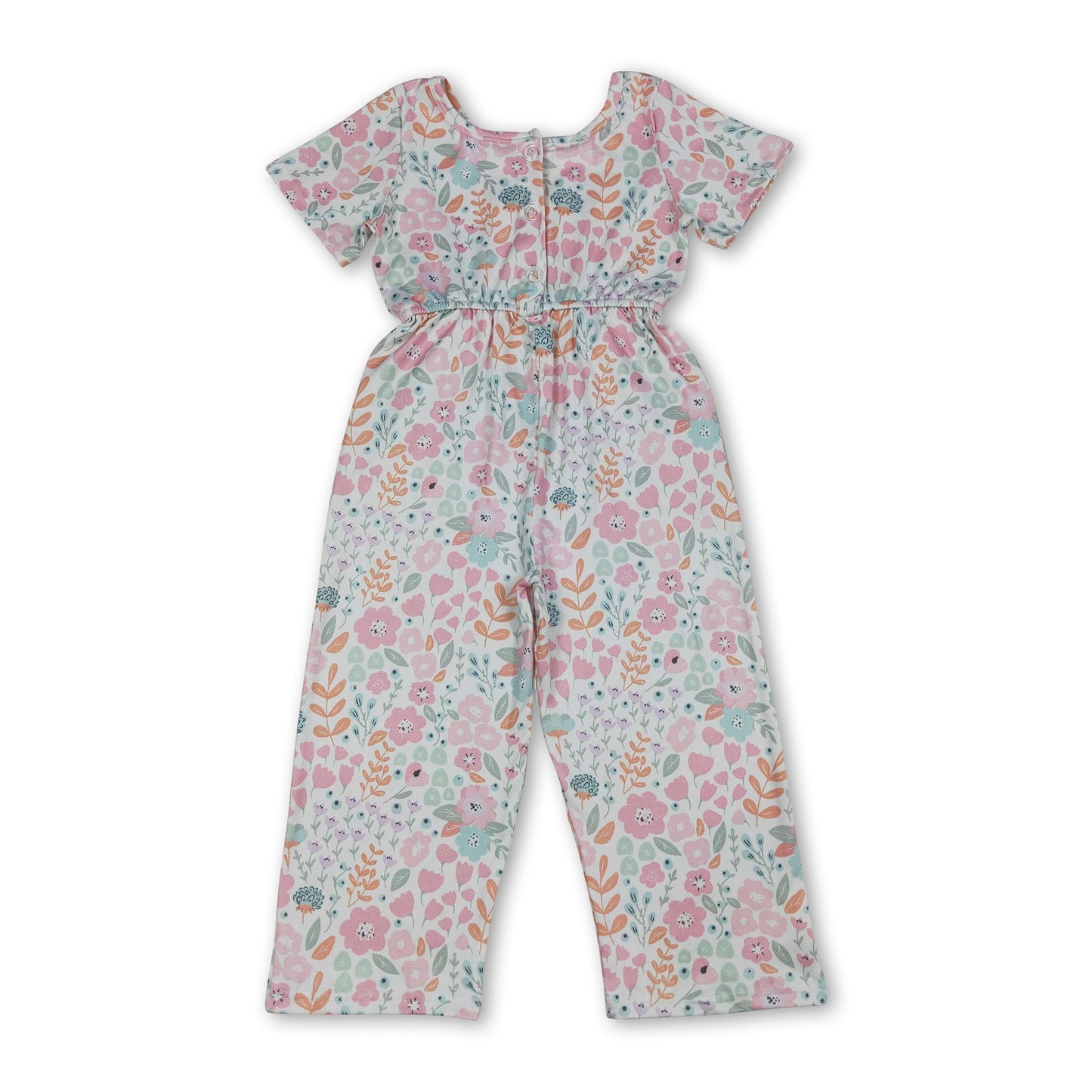Kurzarm-Overall für Mädchen, pink, mit Blumenmuster und Taschen