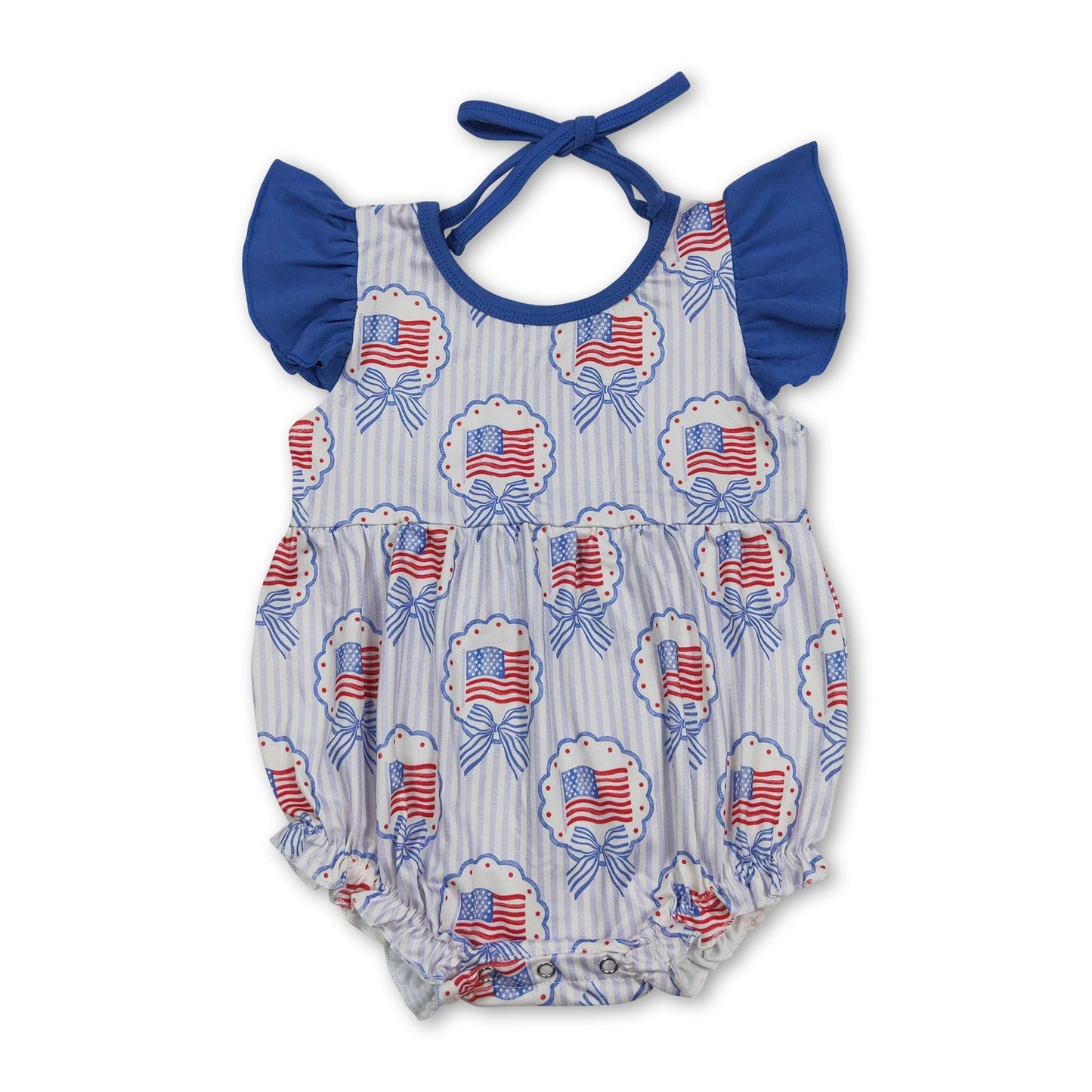 Strampler für Baby-Mädchen mit flatternden Ärmeln, Schleife, Flaggenmuster zum 4. Juli