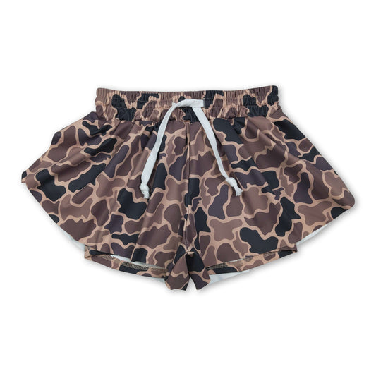 Brown camo kids girls summer active yoga shorts