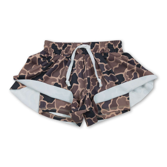 Brown camo kids girls summer active yoga shorts