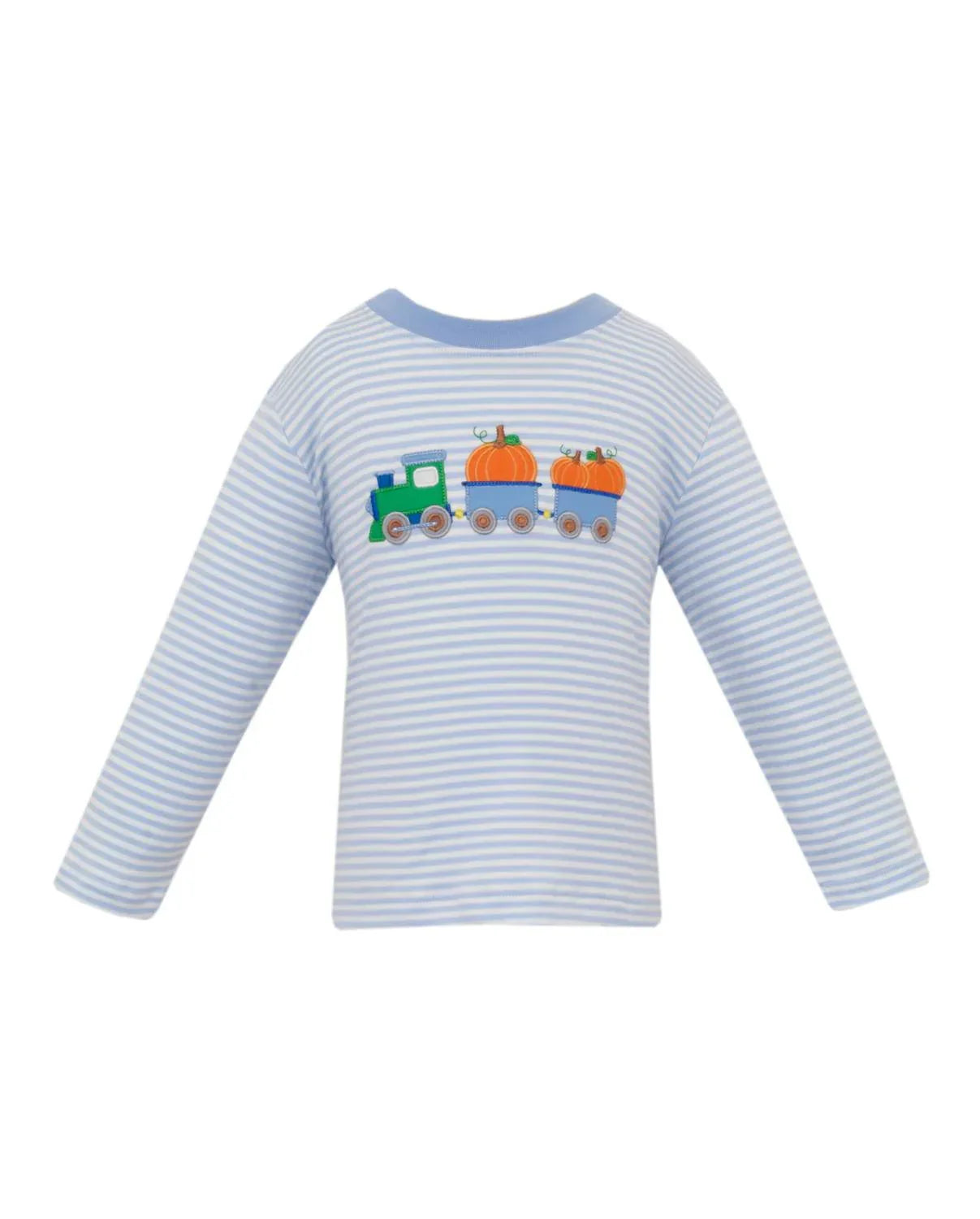 Boy's Pumpkin Train Applique Stripe Long Sleeve Knit Shirt