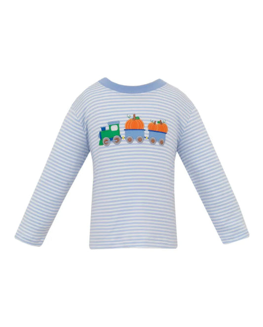 Boy's Pumpkin Train Applique Stripe Long Sleeve Knit Shirt
