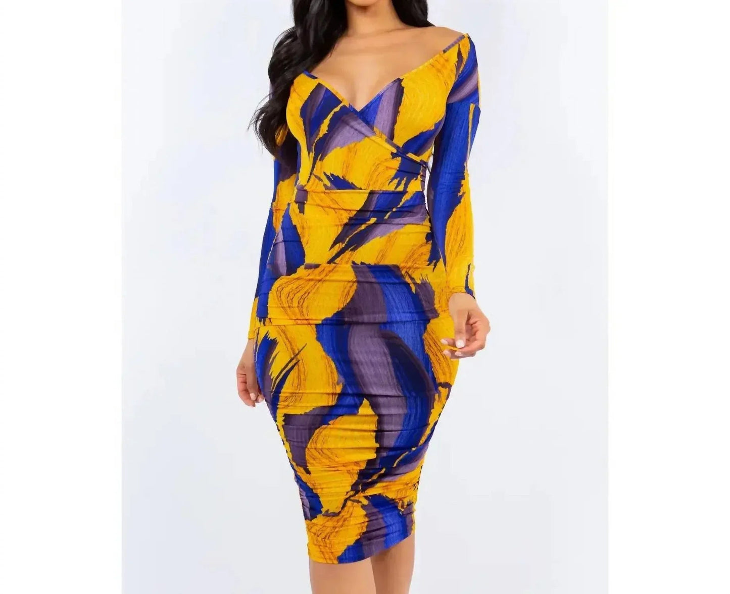 Off Shoulder Wrap Ruched Midi Dress