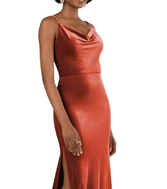 Floor-Length Velvet Bridesmaid Dress with Cowl Neck and Spaghetti Straps