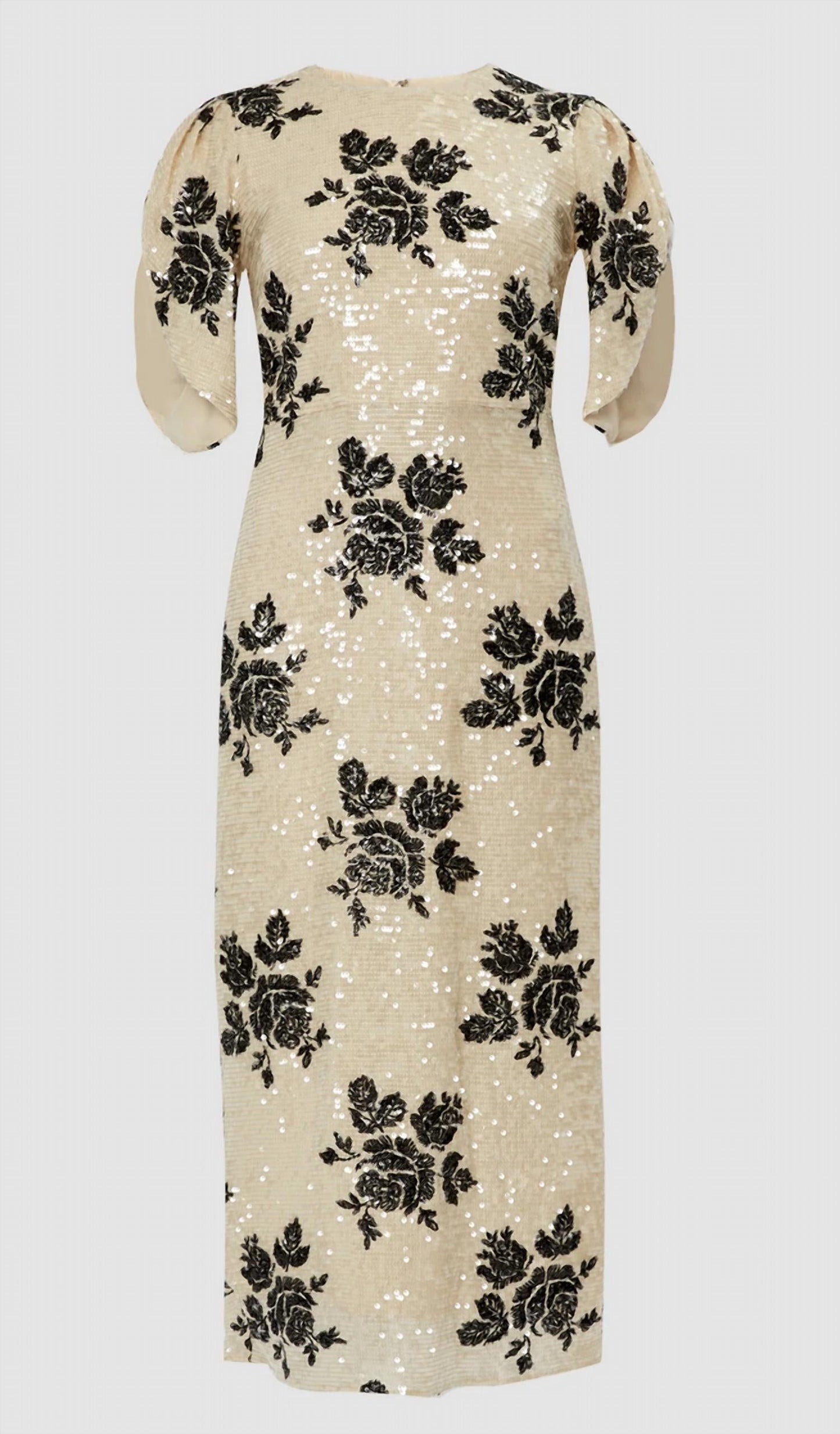 Kurzärmeliges, blumiges Pailletten-Bleistiftkleid