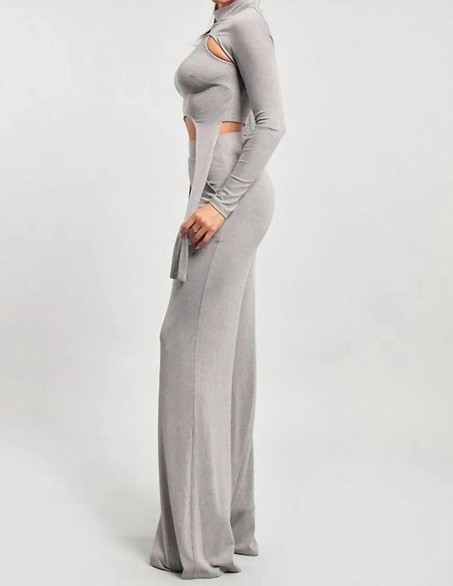 Mock Neck Cropped Top Two Piece Pants Set