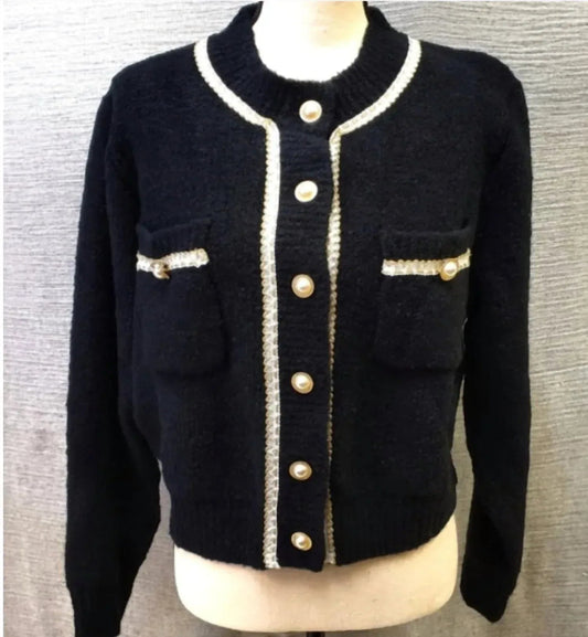 Faux Pearl Tweed Cropped Knitted Cardigan