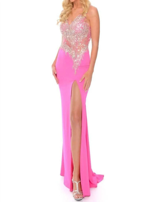 Beaded Mesh Stretch Crepe Evening Gown