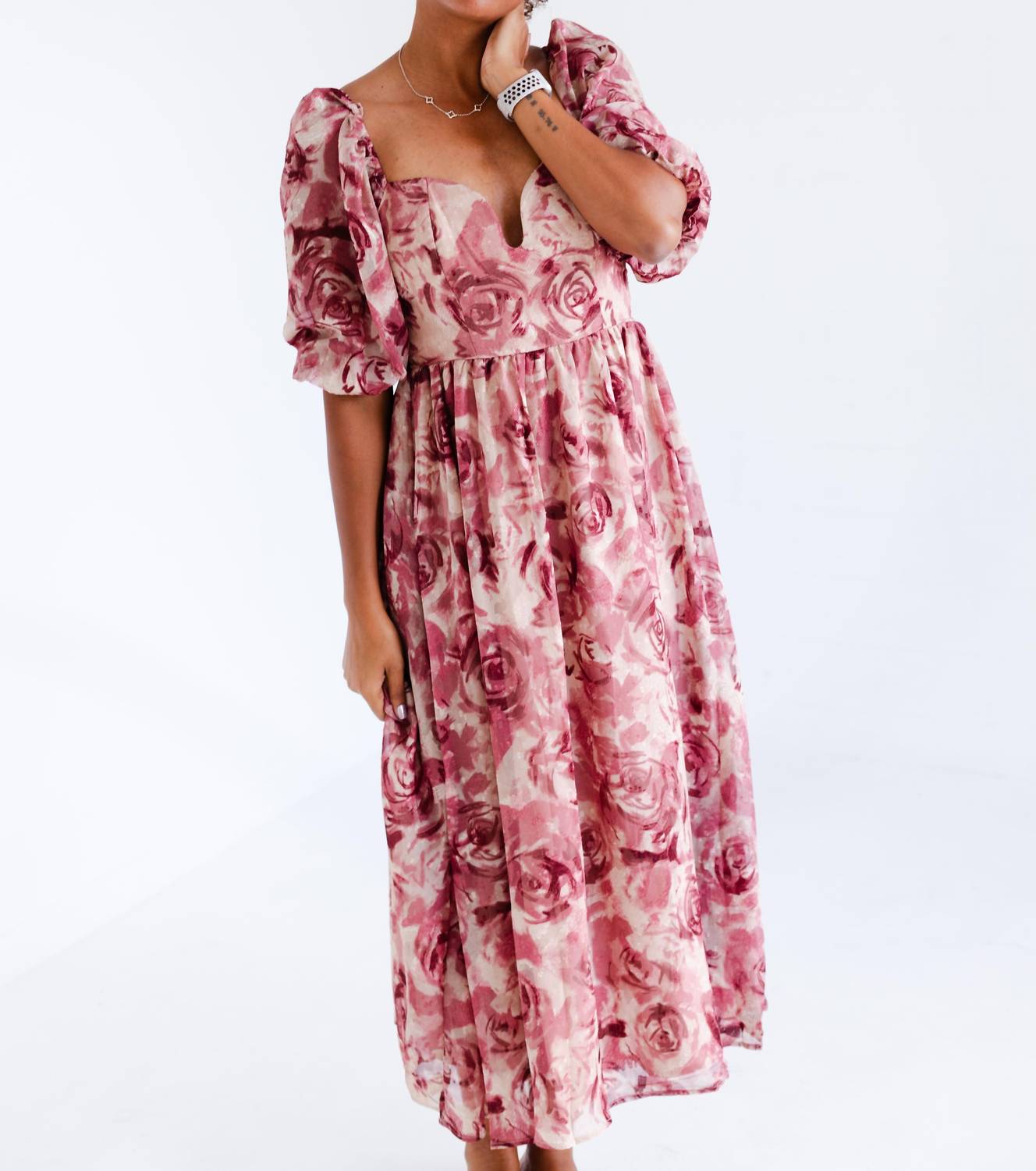 Women's Floral Textured Jacquared Midi Dress