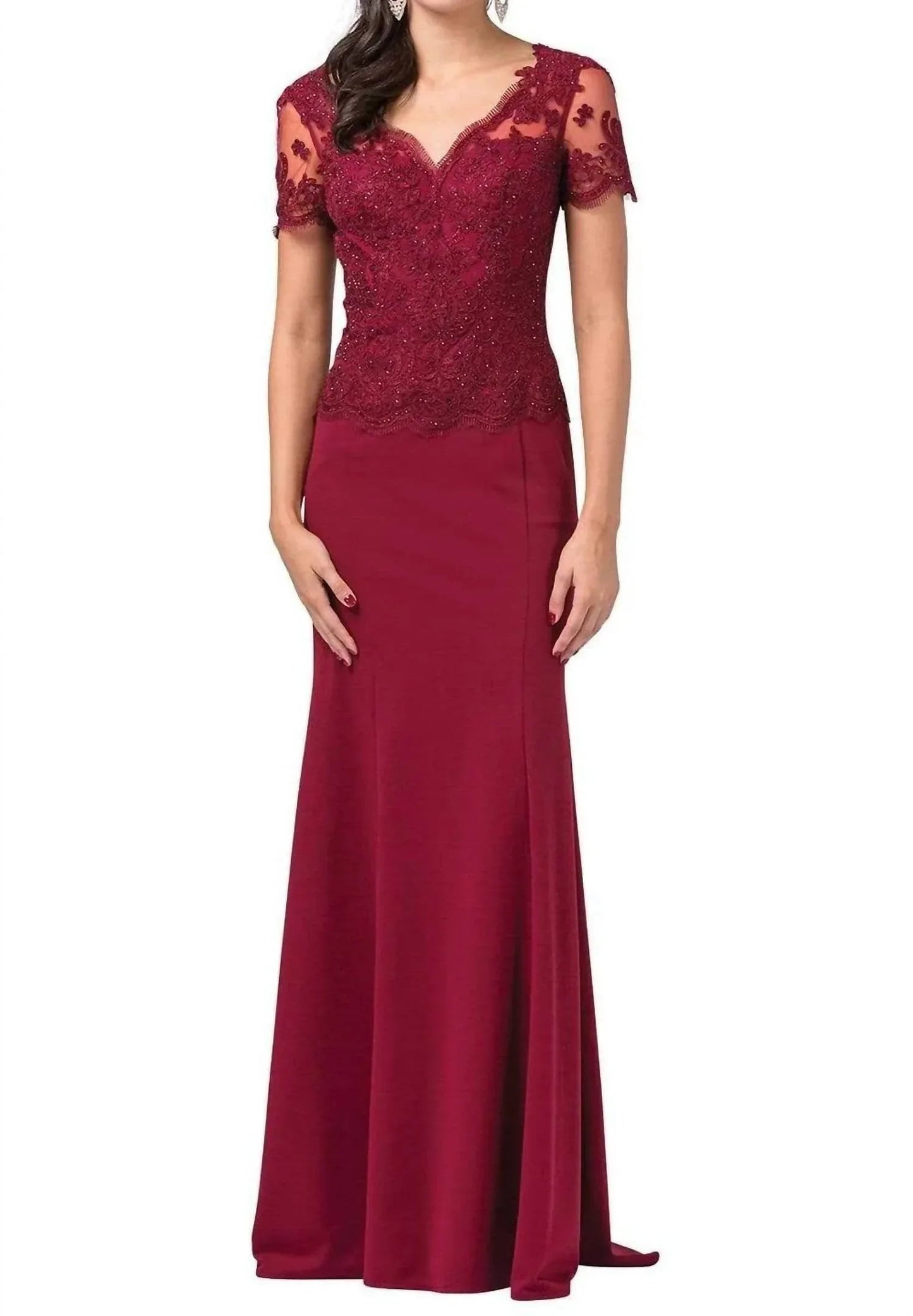 Short Sleeve Jeweled Illusion Gown