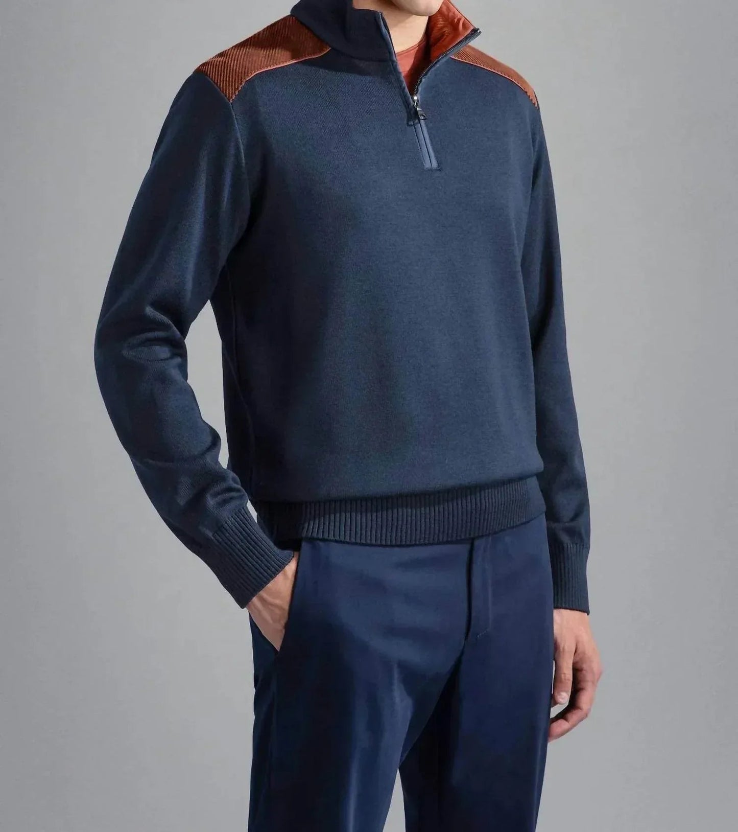 Men's Wool Zip Sweater With Corduroy Details