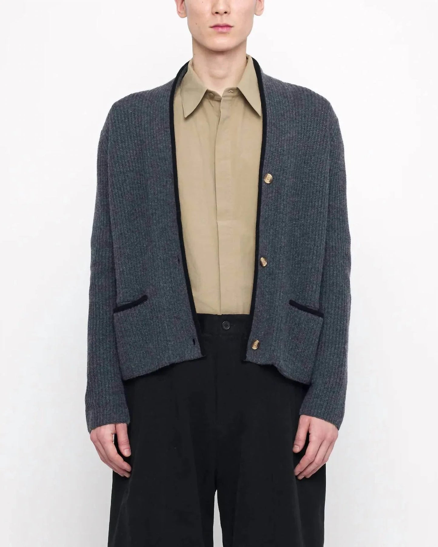 V-neck Pockets Trimmed Cardigan
