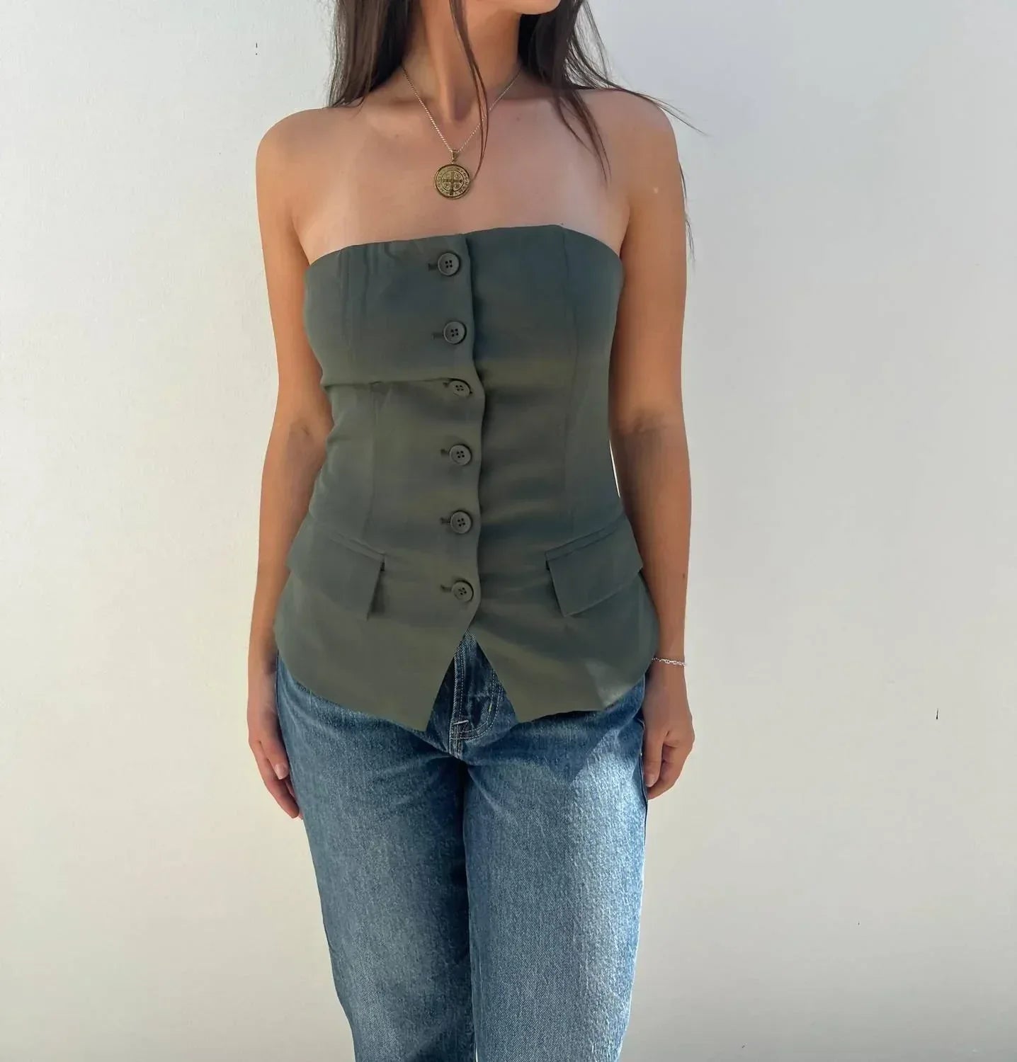 Button Down Olive Bustier Top