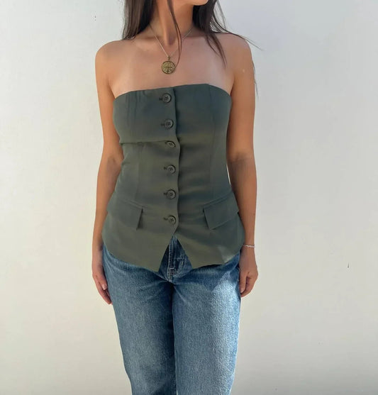 Button Down Olive Bustier Top