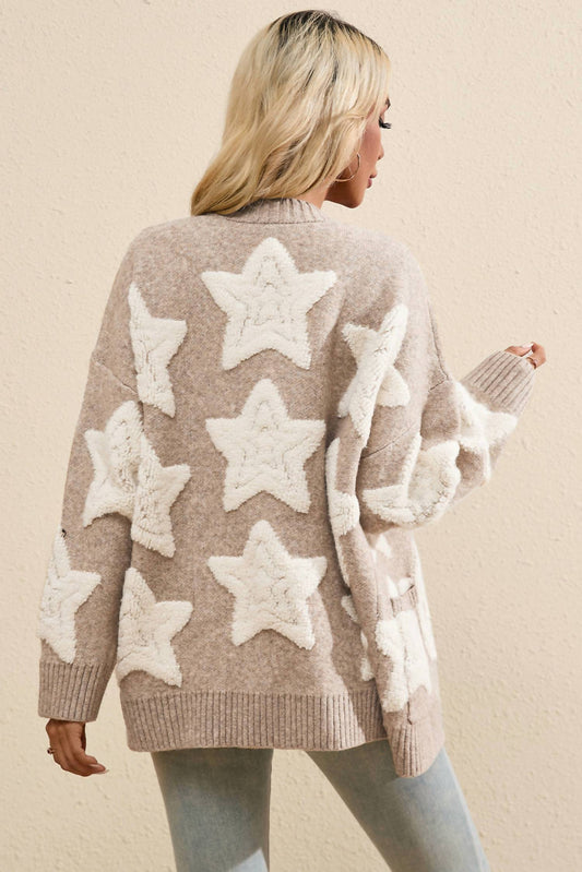 Star Pattern Textured Sweater Cardigan With Pockets