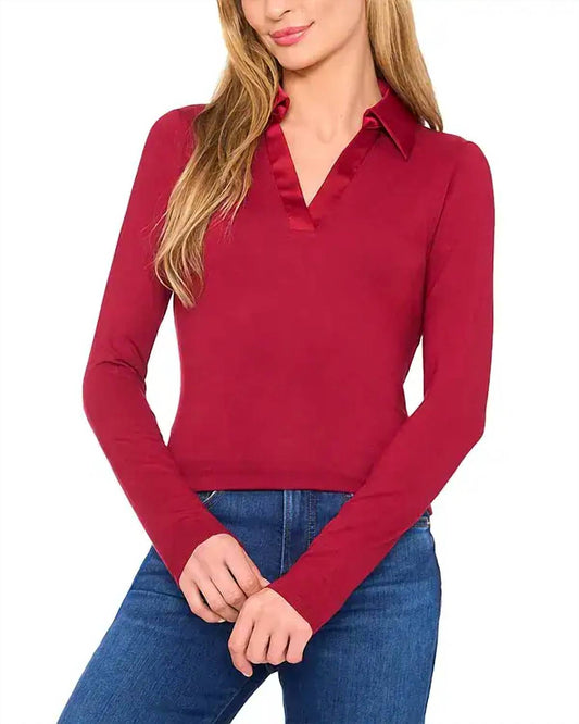 Collared V-neck Long Sleeve Jersey With Satin Detail Top