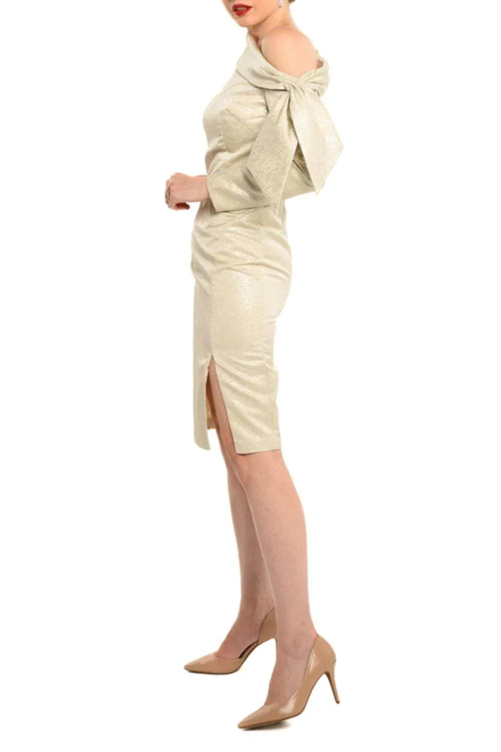 Asymmetrical Shoulder Metallic Sheath Dress