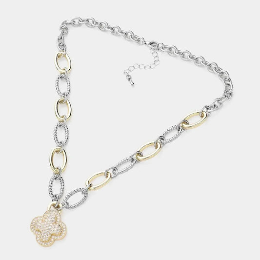 Women's Adele Cubic Zirconia Stone Paved Quatrefoil Pendant Necklace