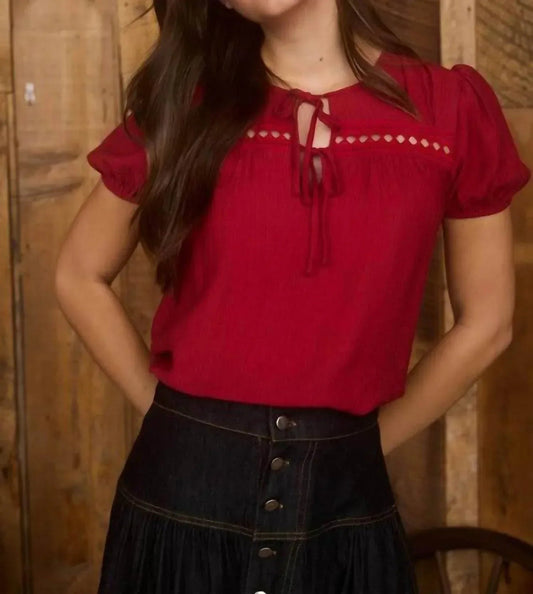 Eyelet Lace Trim Double Front Tie Puff Sleeve Top
