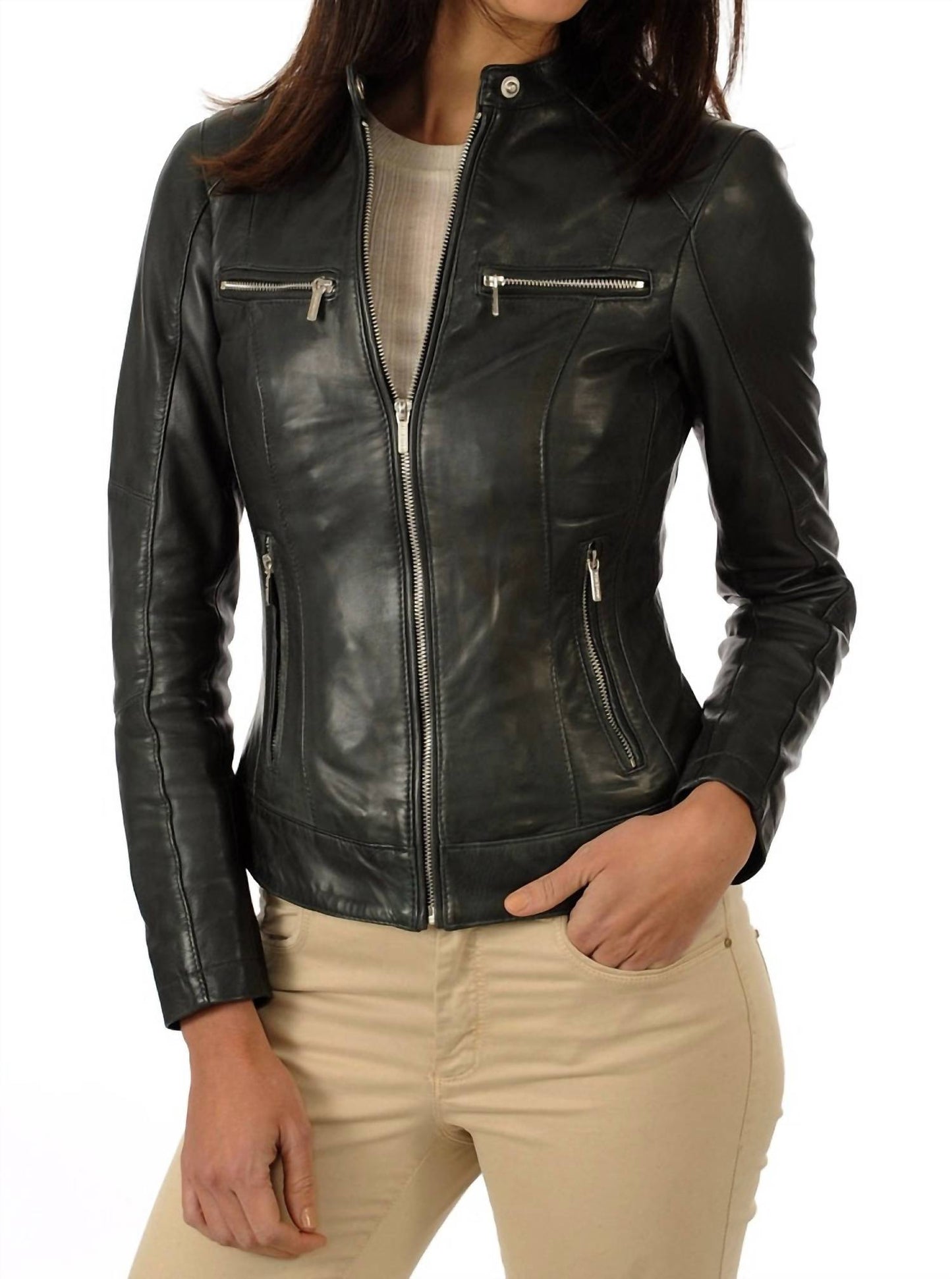 Damen-Lederjacke mit echten Diamanten