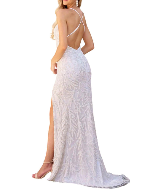 Vollständig perlenbesetztes, bodenlanges Abendkleid